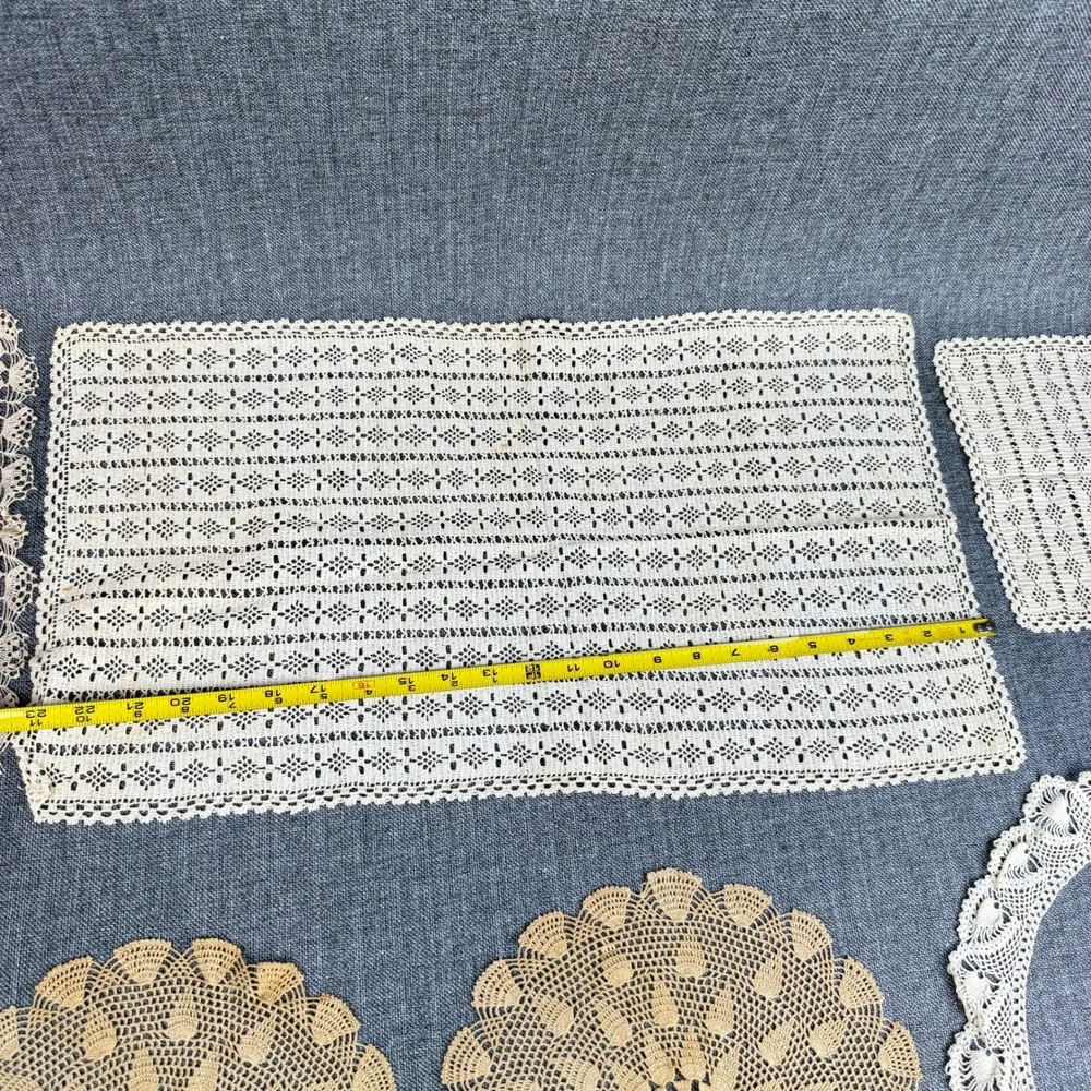 Vintage Handmade Crochet Lace Doily Set 7pc Cream Tan Floral Geometric